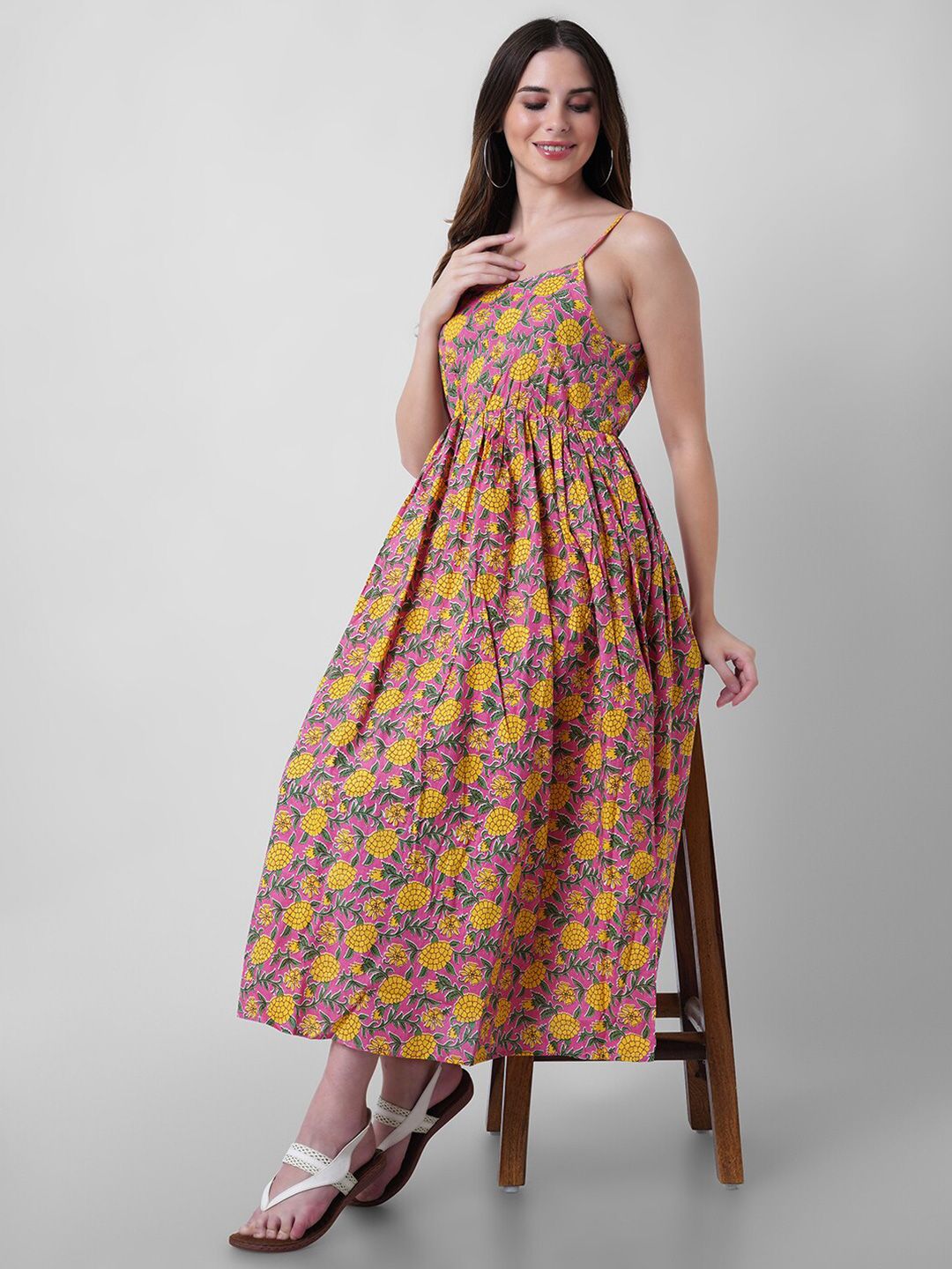 Mollar Women Pink Floral Printed Fit and Flare Dress Price in India