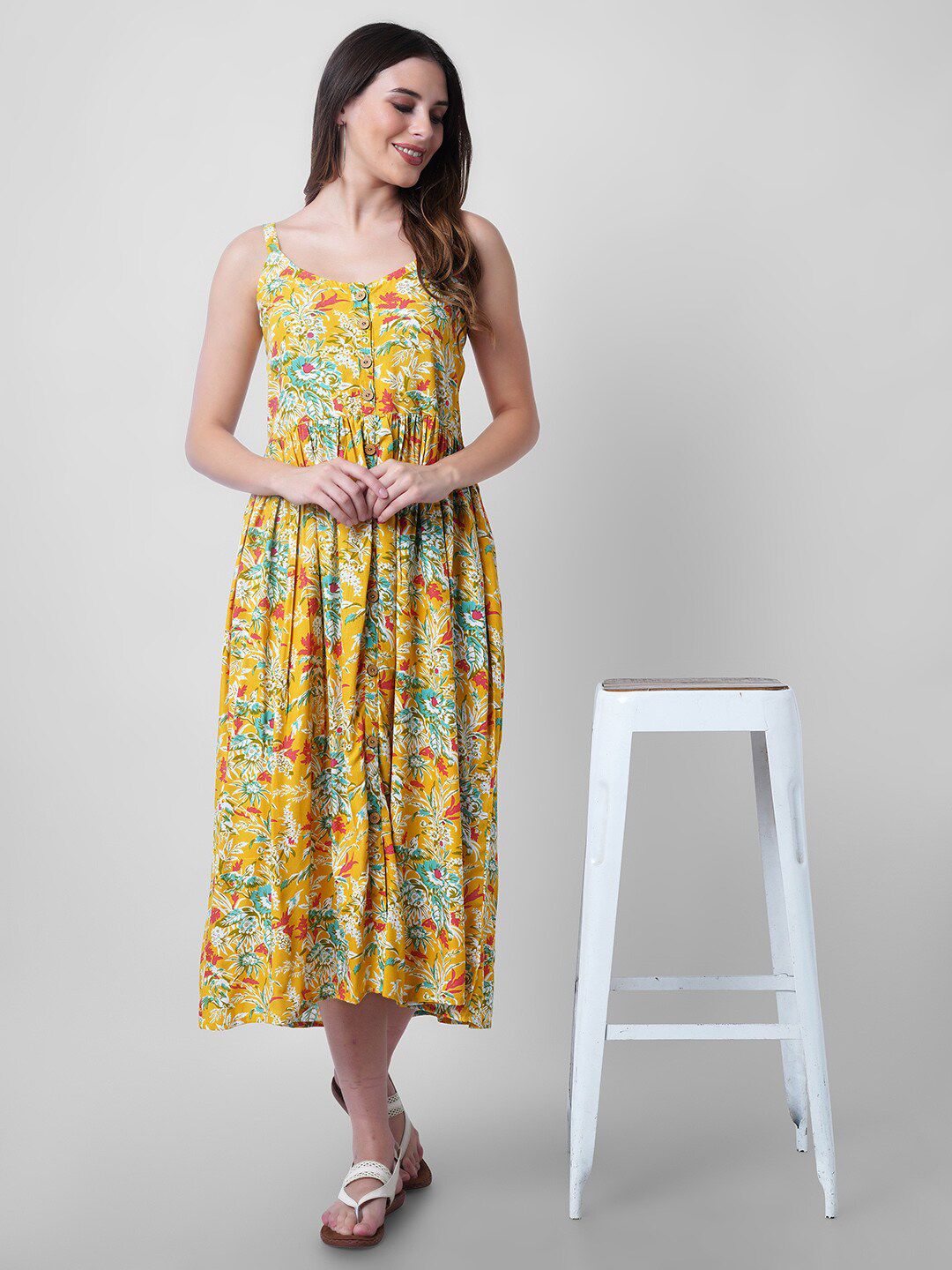 Mollar Yellow & Multicoloured Floral Midi Fit and Flare Dress Price in India