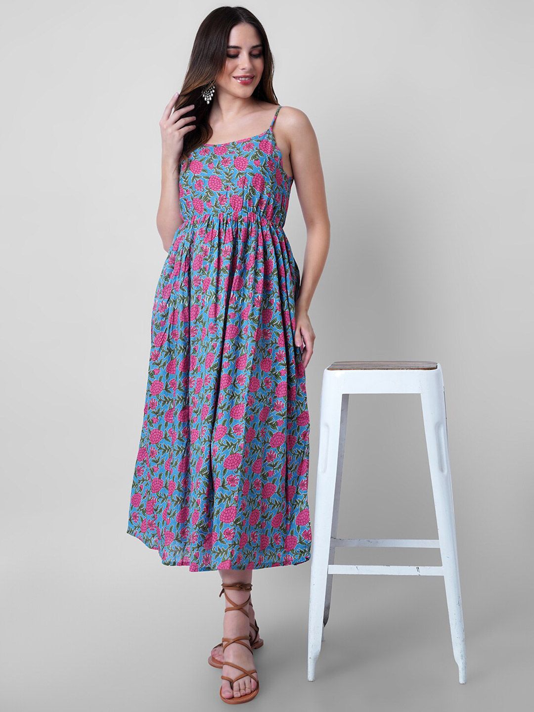 Mollar Blue & Pink Shoulder Straps Floral Print Maxi Dress Price in India