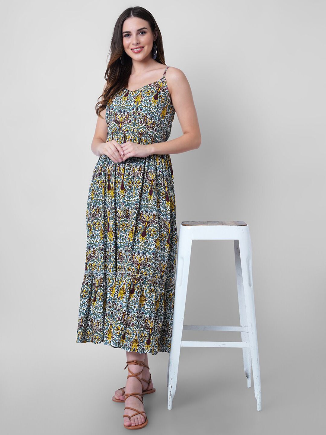 Mollar Yellow & Blue Floral Sleeveless Midi Dress Price in India