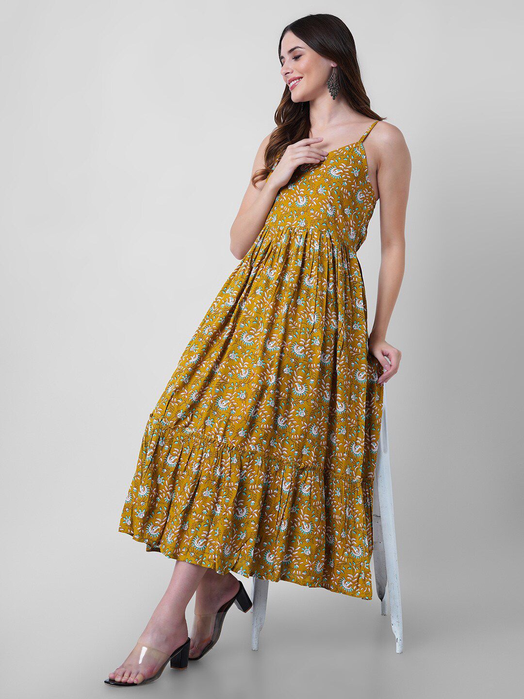 Mollar Mustard Yellow Floral A-Line Dress Price in India