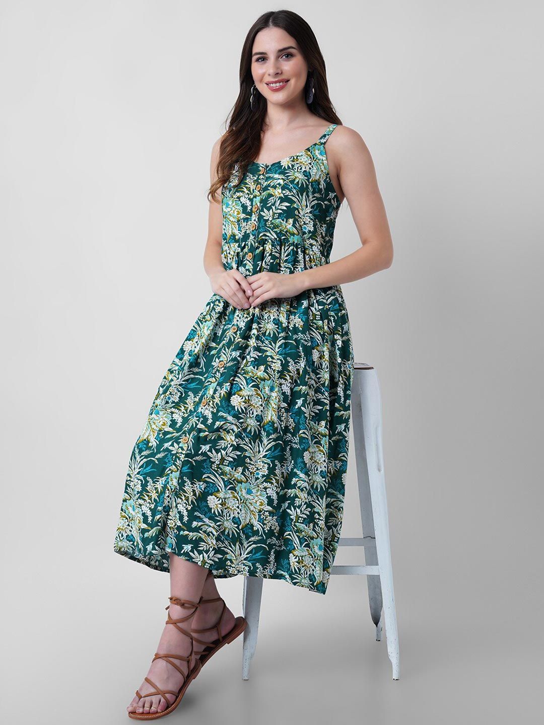 Mollar Women Green Floral Printed Midi Dress Price in India