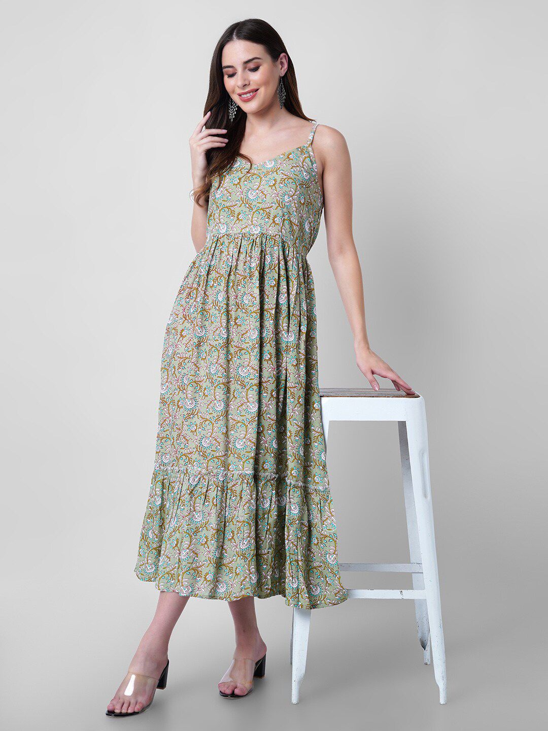 Mollar Green & White Floral Midi Dress Price in India