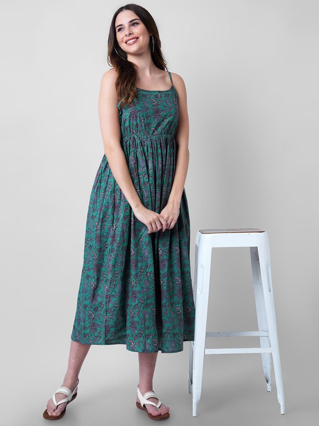 Mollar Green Floral Print Fit and Flare  Maxi Dress Price in India