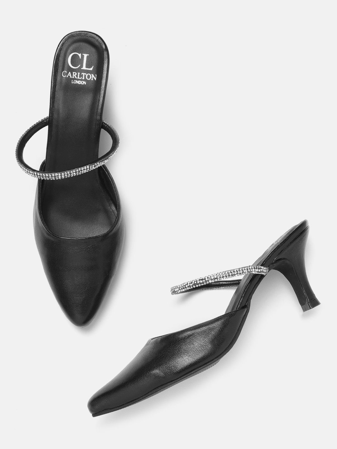 Carlton London Women Black Solid Stone Embellished Pointed Toe Pumps Price in India