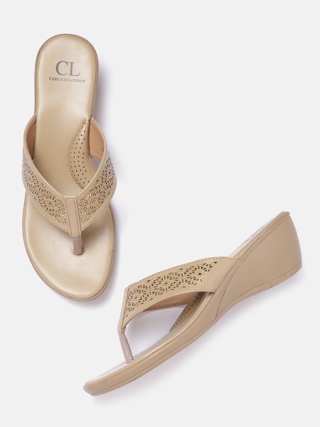 Carlton London Women Beige & Gold-Toned Laser Cuts Textured Wedge Heels Price in India