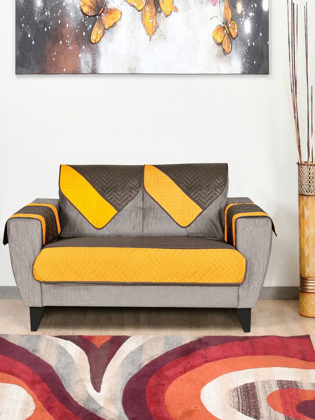 Athome by Nilkamal Mustard Yellow & Taupe Reversible 2 Seater Sofa Cover Price in India