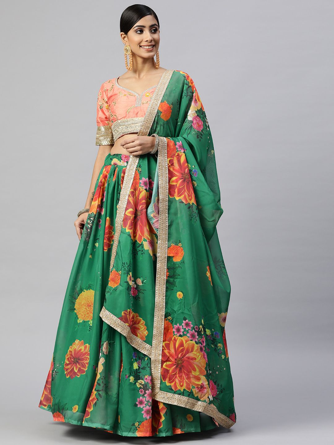 Readiprint Fashions Green & Peach-Coloured Embroidered Sequinned Semi-Stitched Lehenga Set Price in India