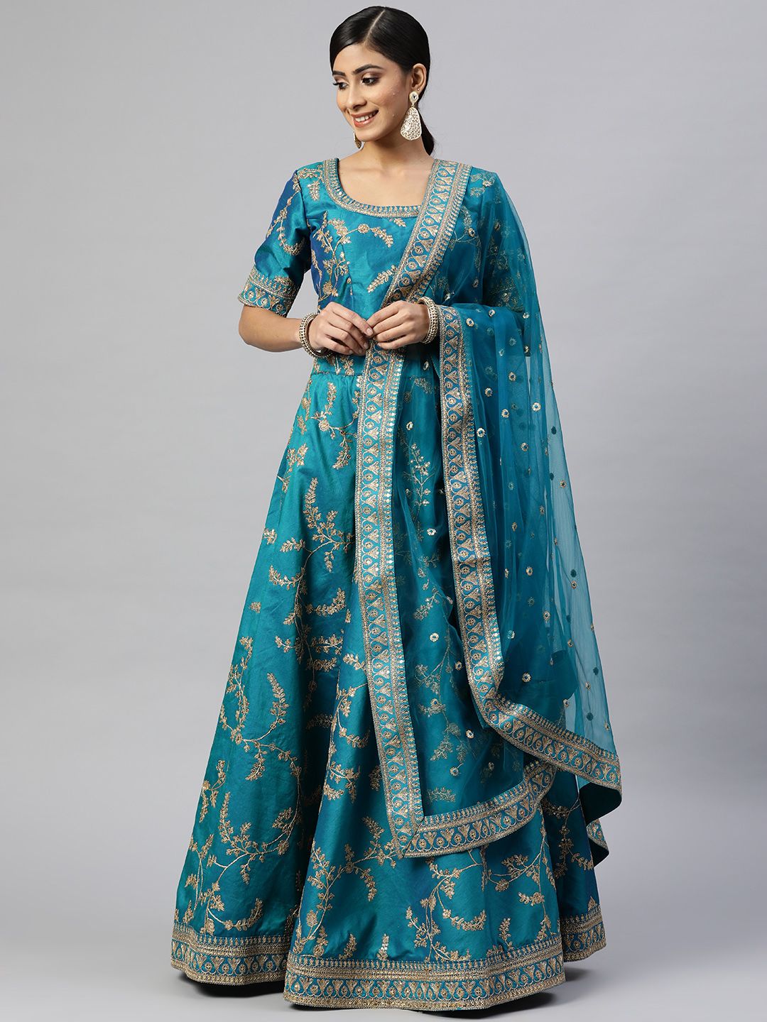 Readiprint Fashions Teal Blue Embroidered Sequinned Semi-Stitched Lehenga Set Price in India