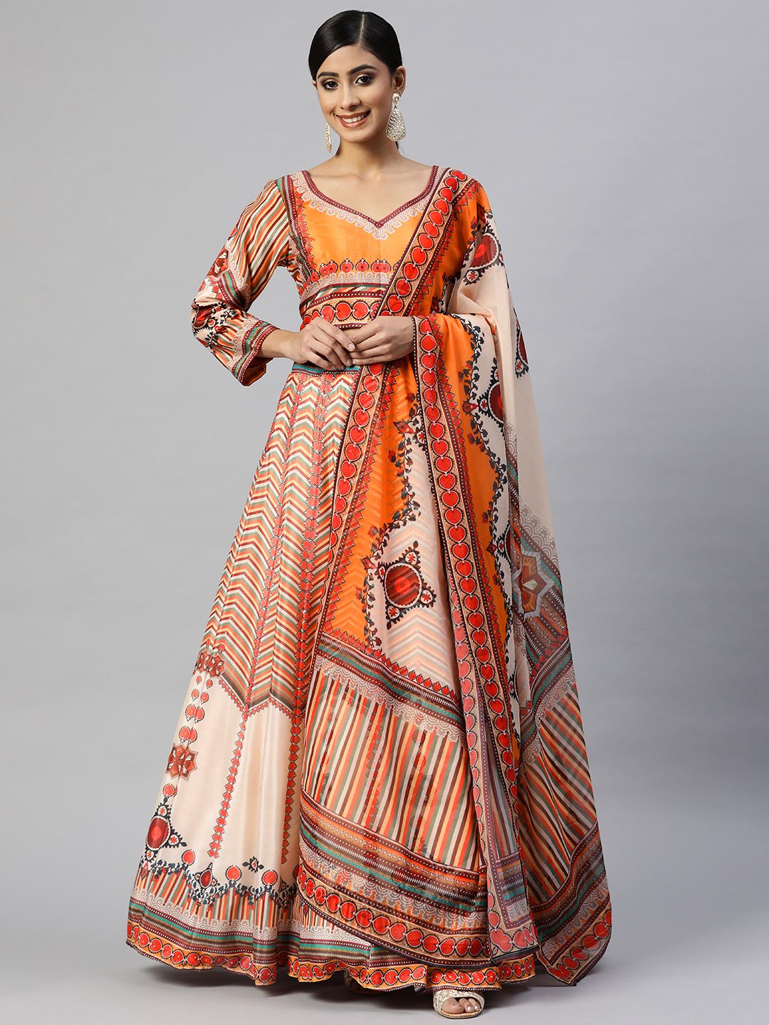 Readiprint Fashions Off White & Orange Printed Semi-Stitched Lehenga Set Price in India