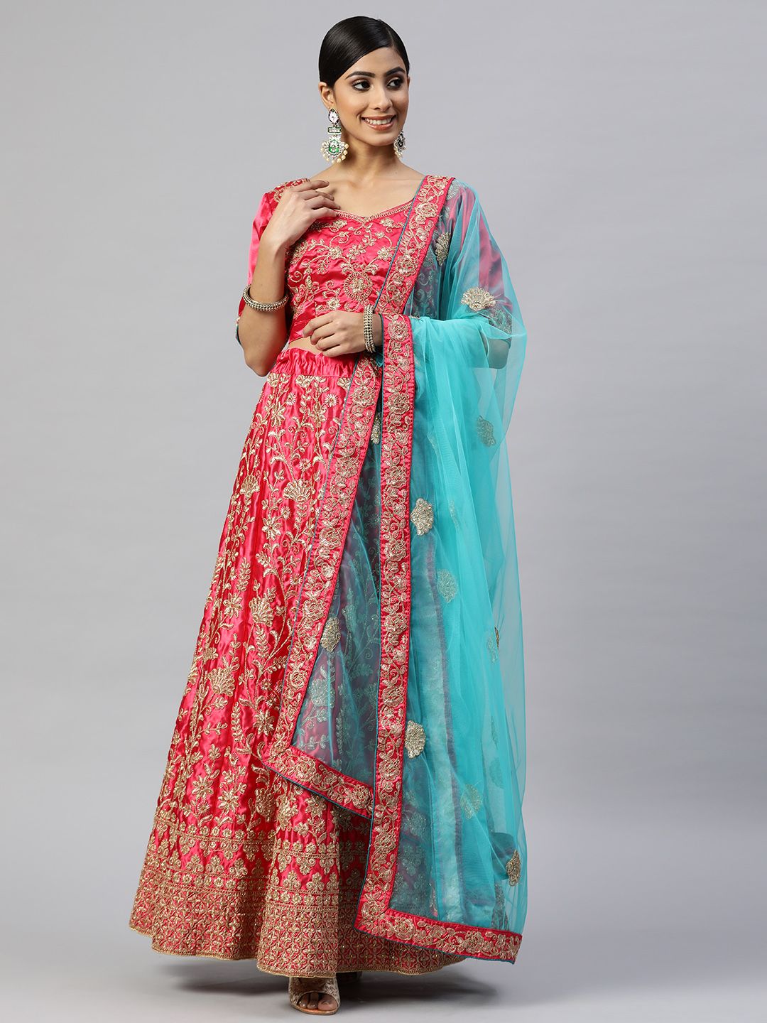 Readiprint Fashions Fuchsia Pink & Golden Embroidered Semi-Stitched Lehenga Set Price in India