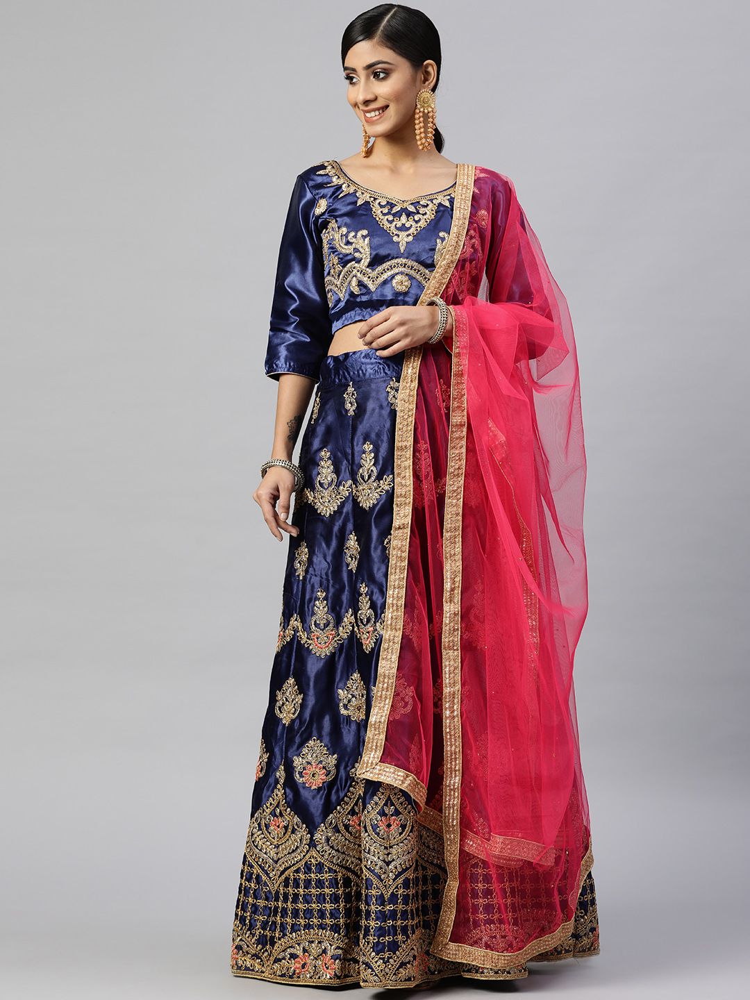 Readiprint Fashions Blue & Golden Embroidered Semi-Stitched Lehenga Set