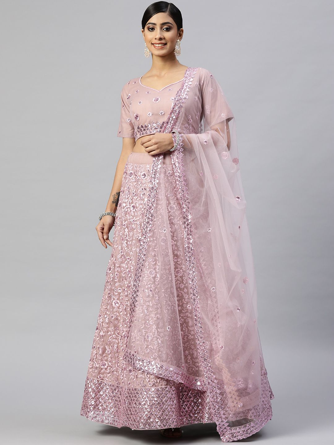 Readiprint Fashions Mauve Embroidered Sequinned Semi-Stitched Lehenga Set Price in India