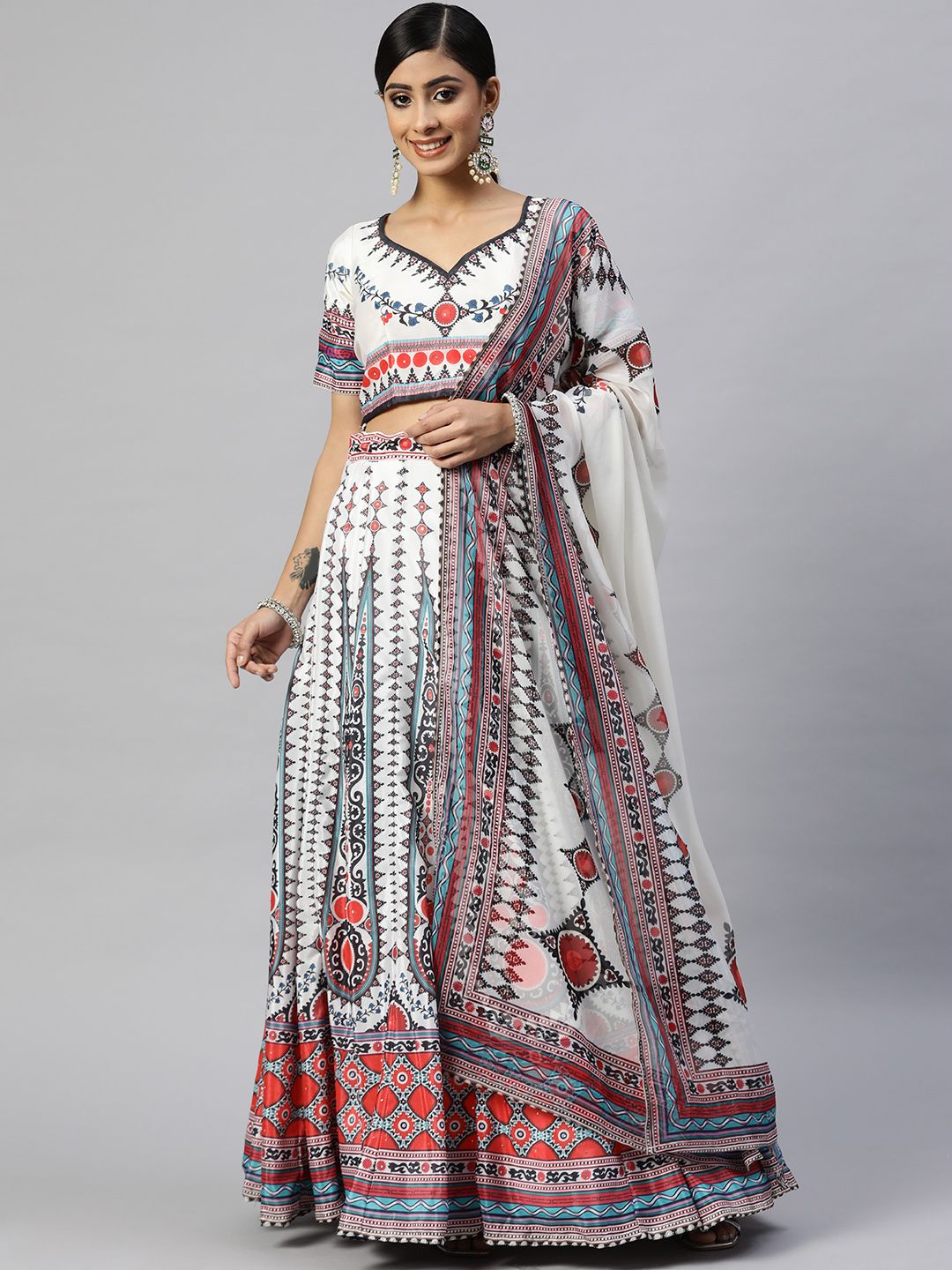 Readiprint Fashions White & Red Printed Semi-Stitched Lehenga Set Price in India