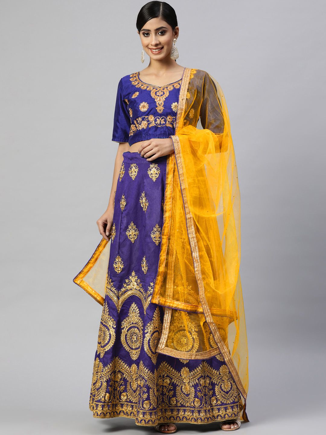 Readiprint Fashions Blue & Golden Embroidered Semi-Stitched Lehenga Set