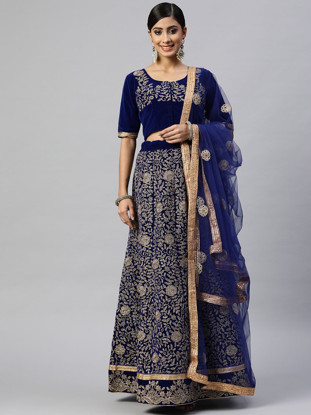 Readiprint Fashions Blue & Golden Embroidered Semi-Stitched Lehenga Set Price in India