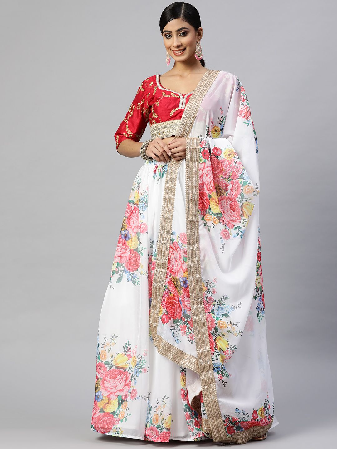 Readiprint Fashions White & Pink Embroidered Sequinned Semi-Stitched Lehenga Set Price in India