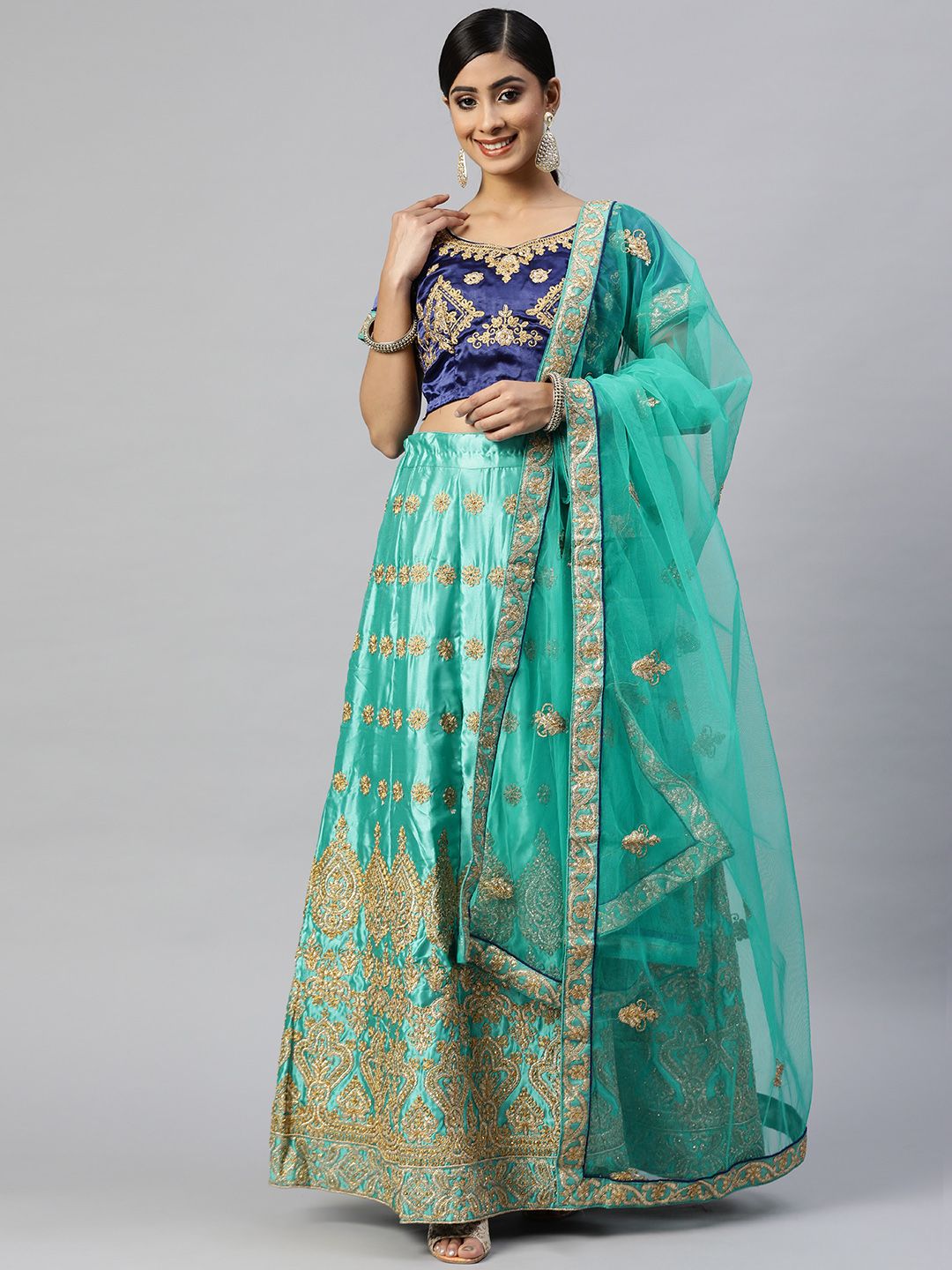 Readiprint Fashions Sea Green & Blue Embroidered Semi-Stitched Lehenga Set
