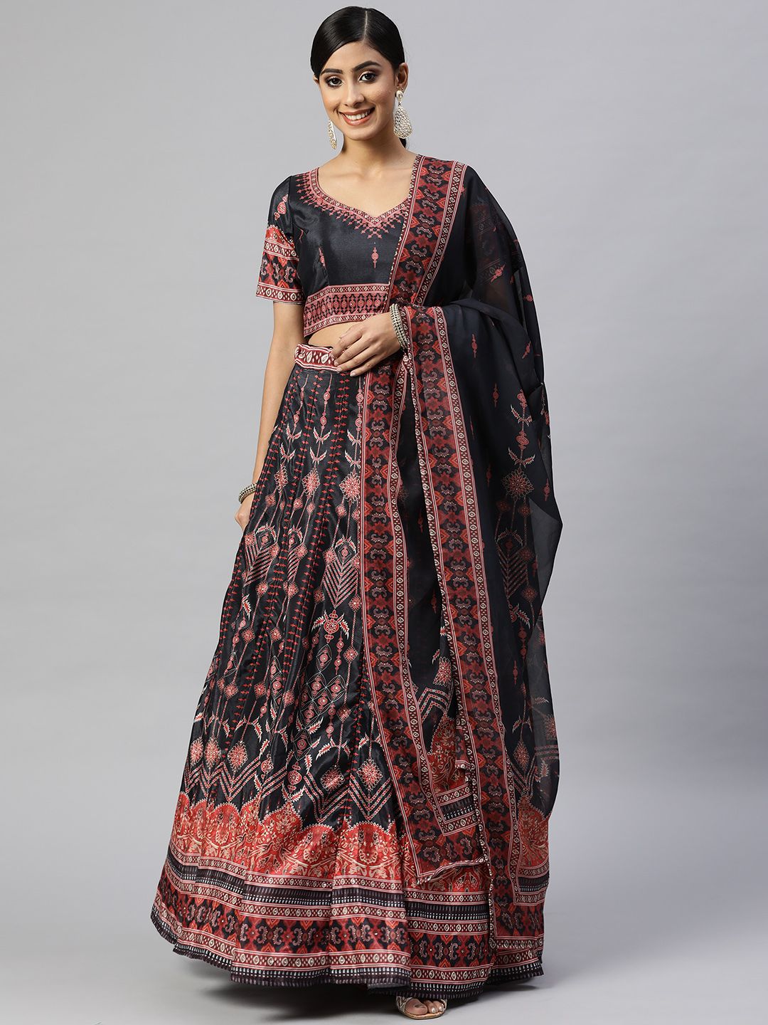 Readiprint Fashions Black & Red Printed Stones Semi-Stitched Lehenga Set Price in India