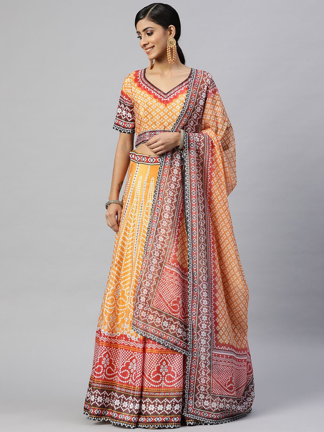 Readiprint Fashions Yellow & White Printed Semi-Stitched Lehenga & Unstitched Blouse With Dupatta Price in India