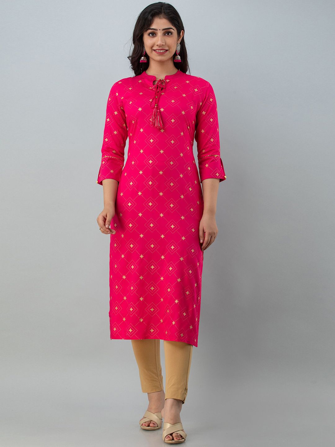 Charu Women Pink Geometric Printed Thread Work Kurta Price in India