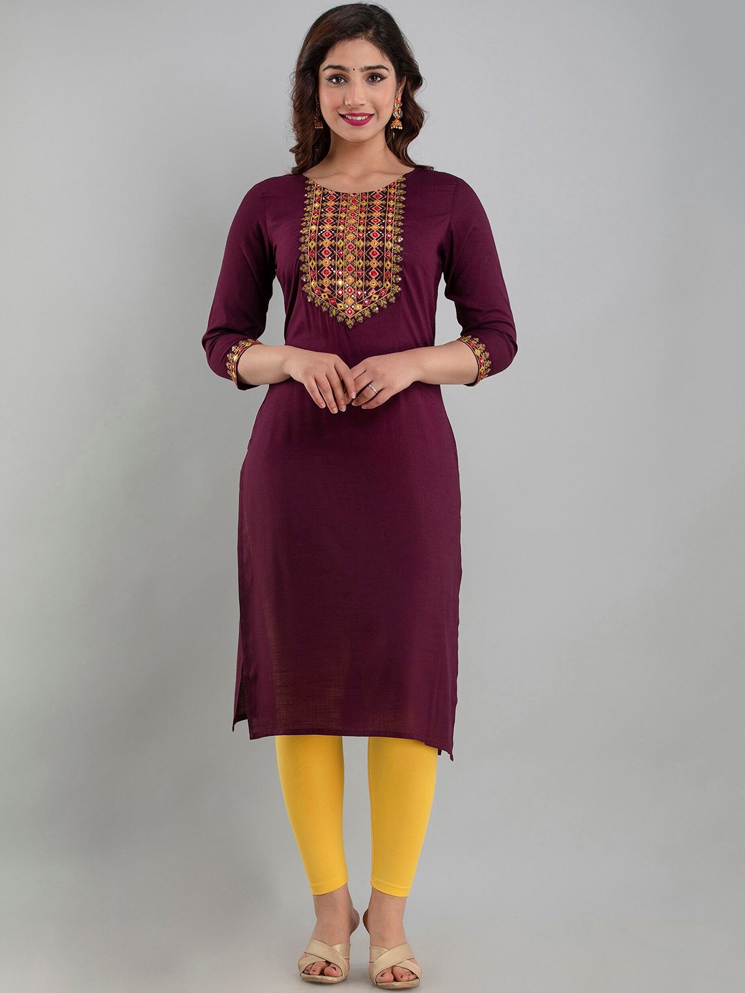 Charu Women Violet Embroidered Yoke Design Straight Kurta Price in India