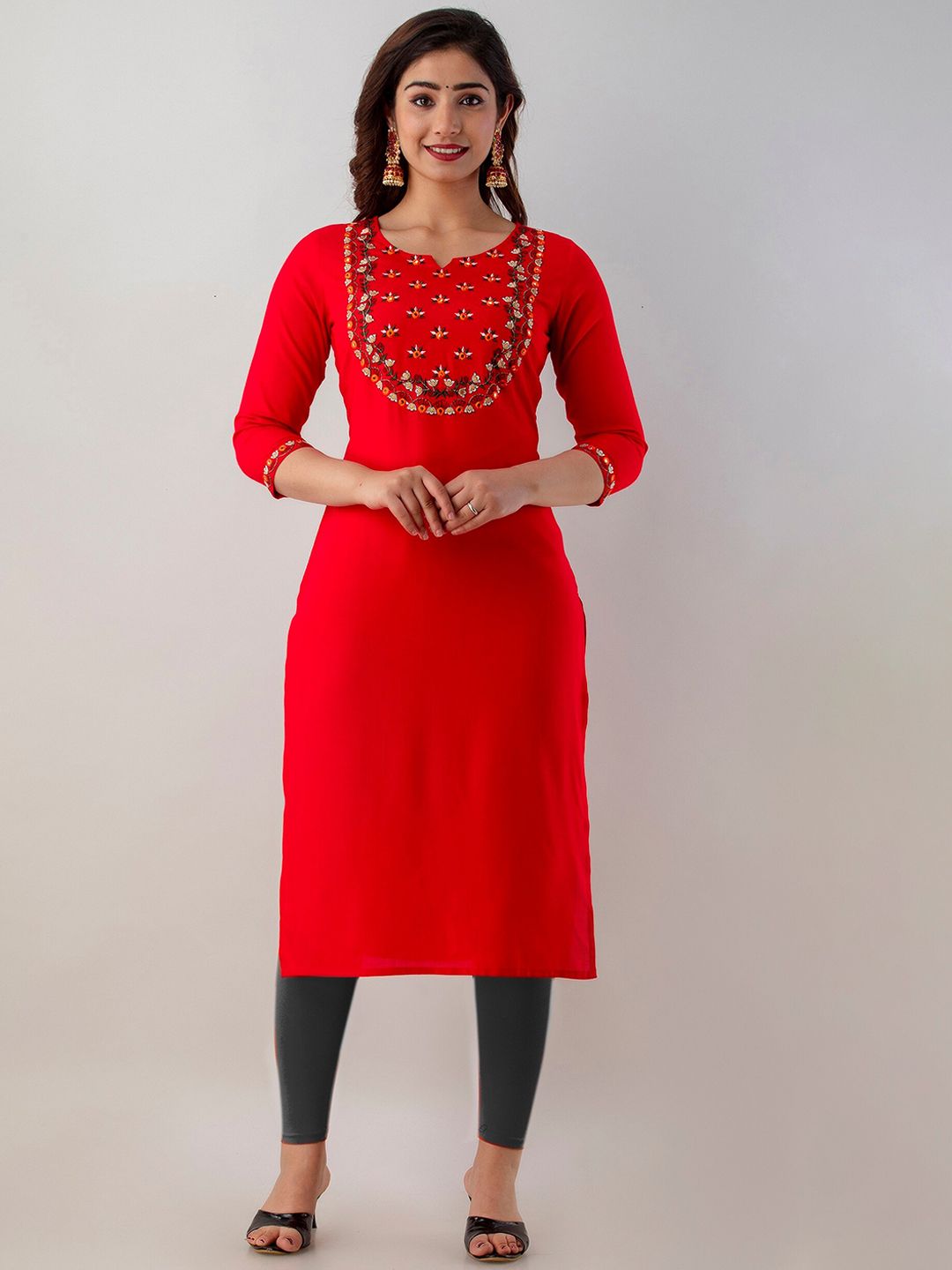 Charu Women Red Floral Embroidered Thread Work Kurta Price in India