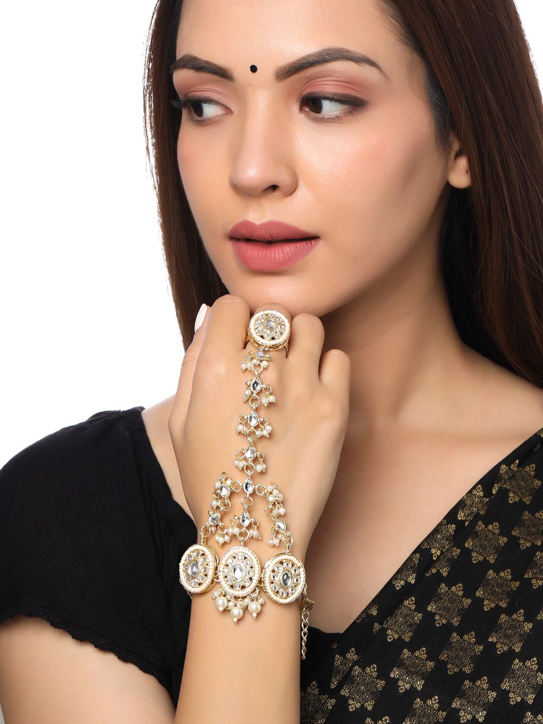 Yellow Chimes Women Gold-Plated & White Brass Kundan Ring Bracelet Price in India