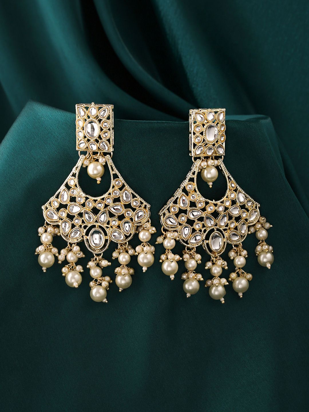 Yellow Chimes Gold-Toned & White Kundan Pearl Drop Earrings Price in India