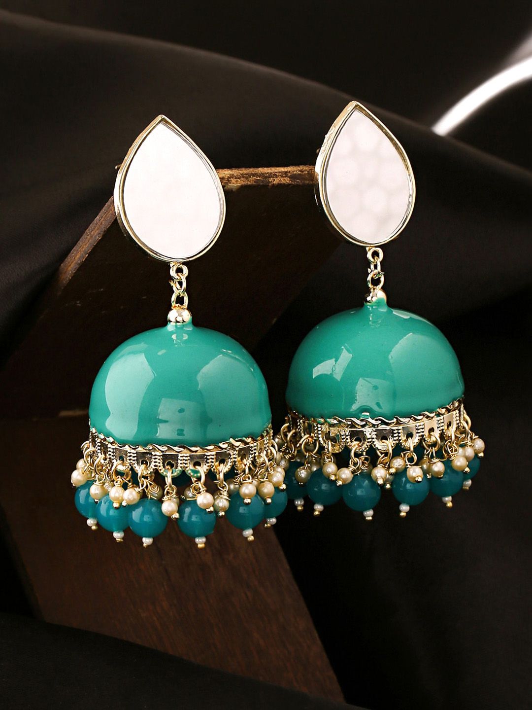 Yellow Chimes Turquoise Blue & Gold-Toned Gold-Plated Contemporary Jhumkas Earrings Price in India