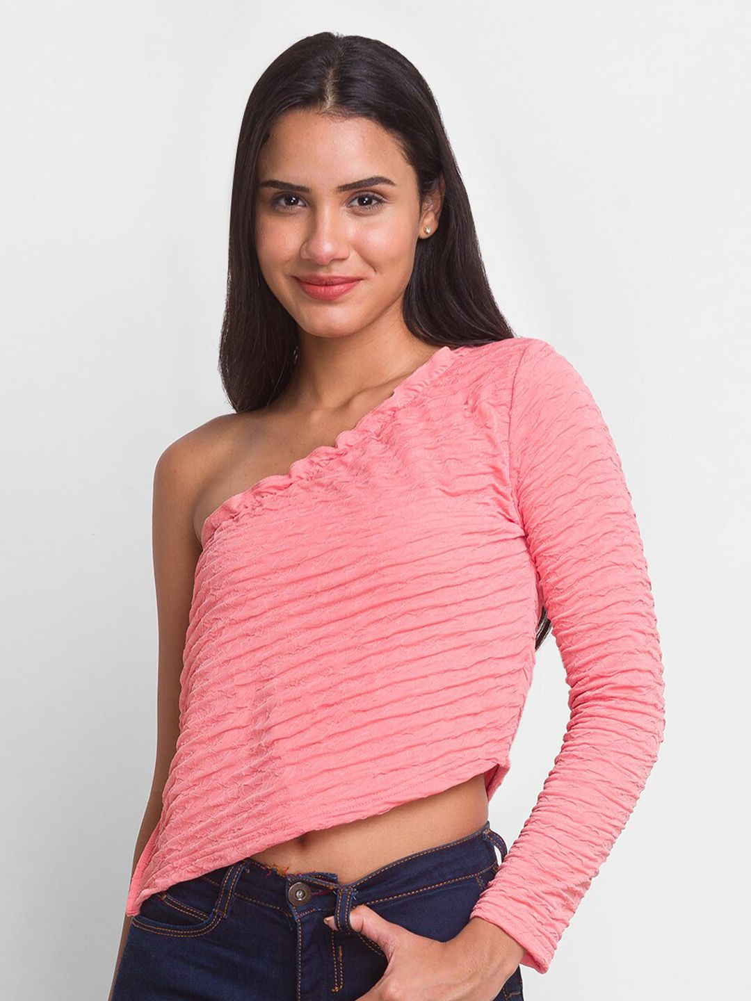 Globus Coral Striped Smocked Crop Top Price in India