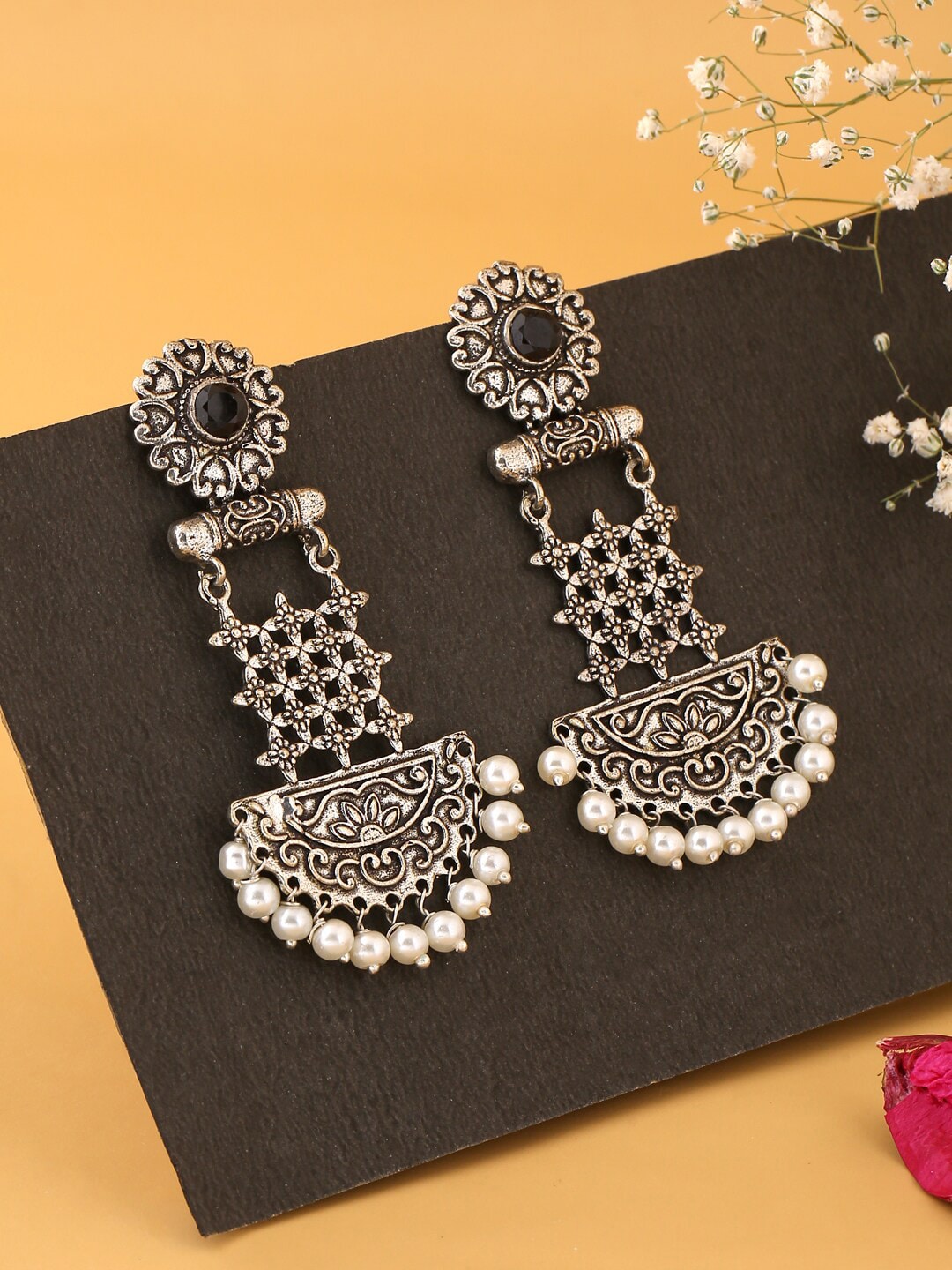 kashwini  Women Silver-Toned Contemporary Drop Earrings Price in India