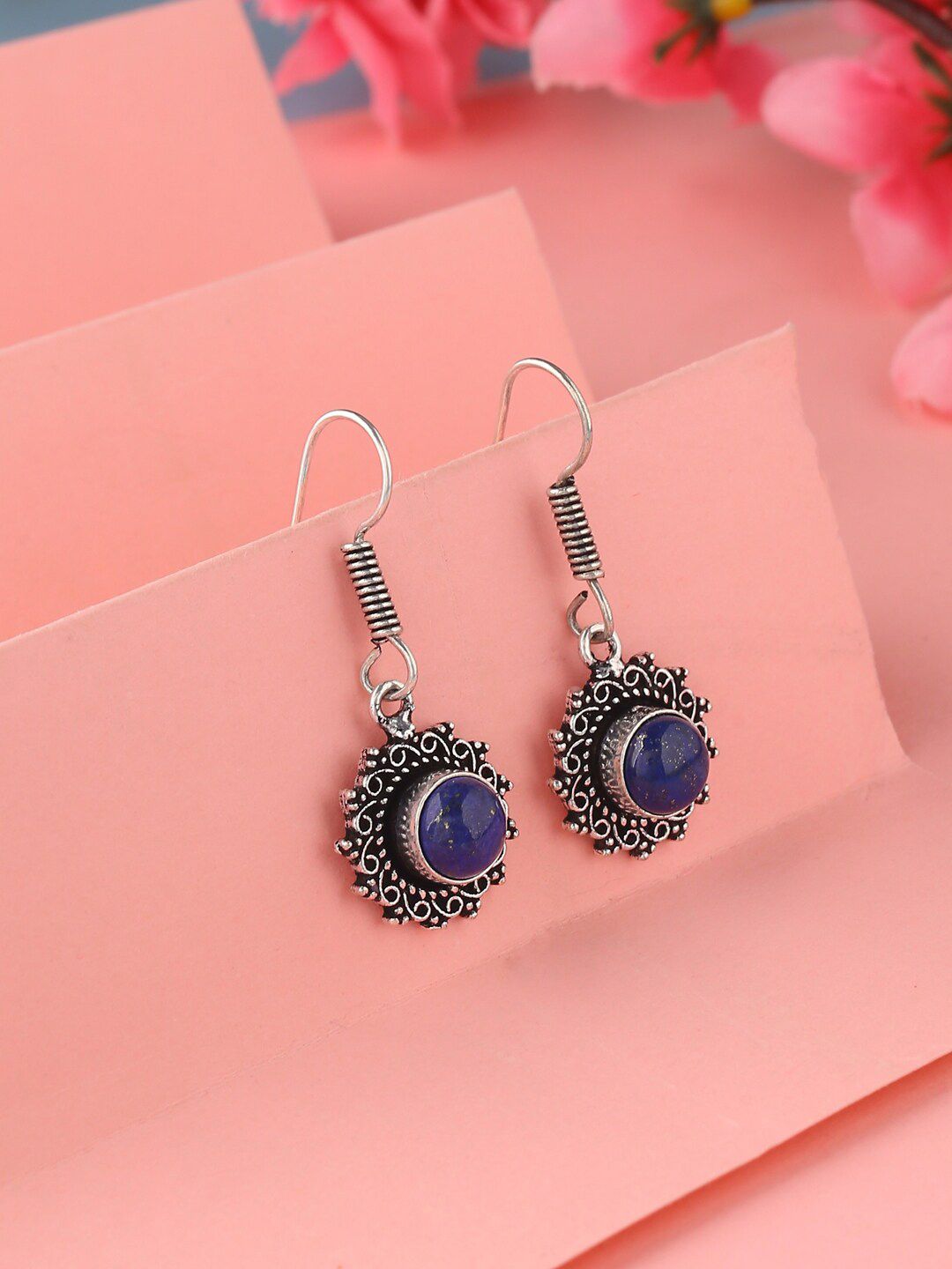 kashwini Women Blue Circular Silver-Plated Stone-Studded Drop Earrings Price in India