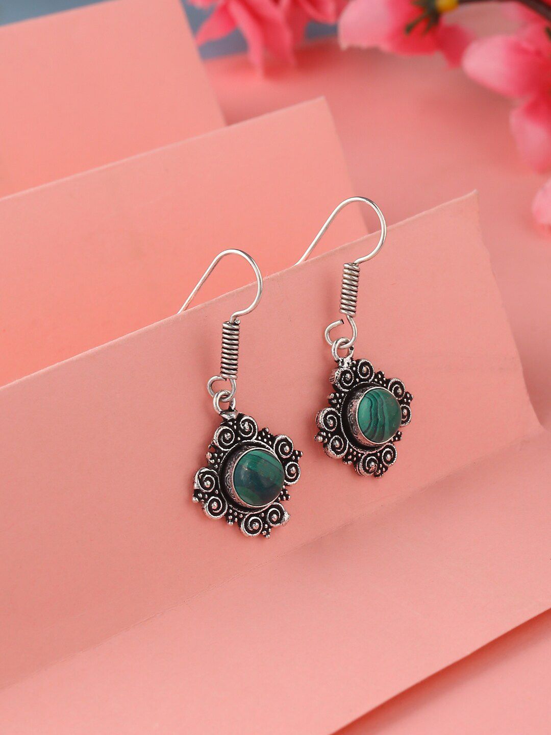 kashwini Women Green Silver-Plated Stone-Studded Drop Earrings Price in India