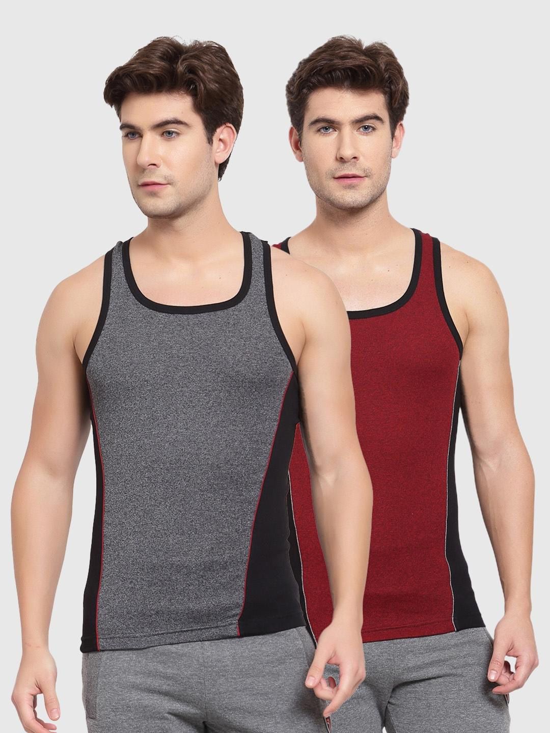 SPORTO Men Pack Of 2 Grey & Red Solid Pure Cotton Rib Innerwear Vest