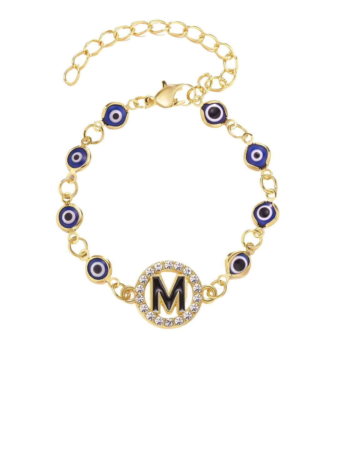 FemNmas Women Gold-Toned & Black Gold-Plated  Letter M Evil Eye Charm Bracelet Price in India