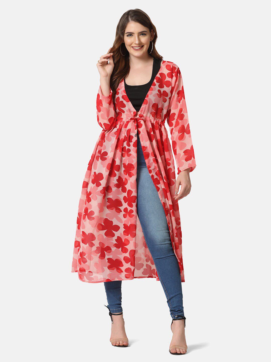 BUY NEW TREND Women Red & White Printed Longline Tie-Up Shrug Price in India