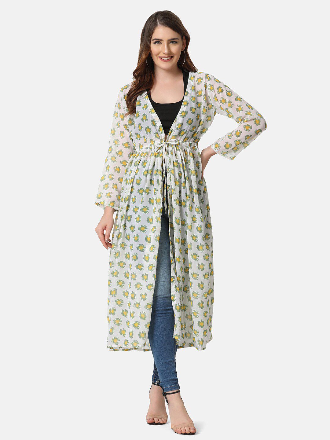 BUY NEW TREND Women White & Green Printed Tie-Up Shrug Price in India