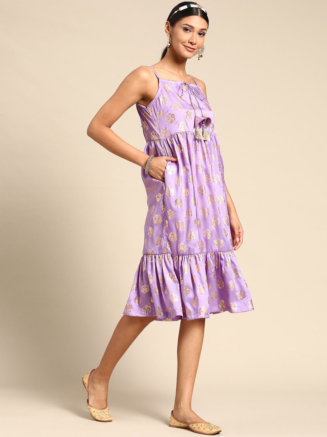 Sangria Lavender & Gold-Toned Ethnic Motifs A-Line Dress Price in India