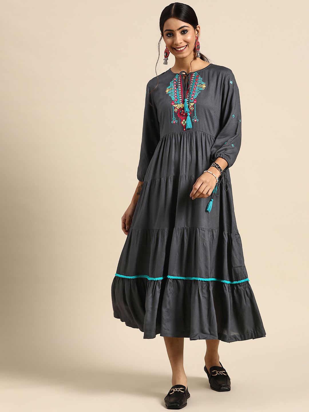 Sangria Women Navy Blue Solid Tiered A-Line Ethnic Dress Price in India