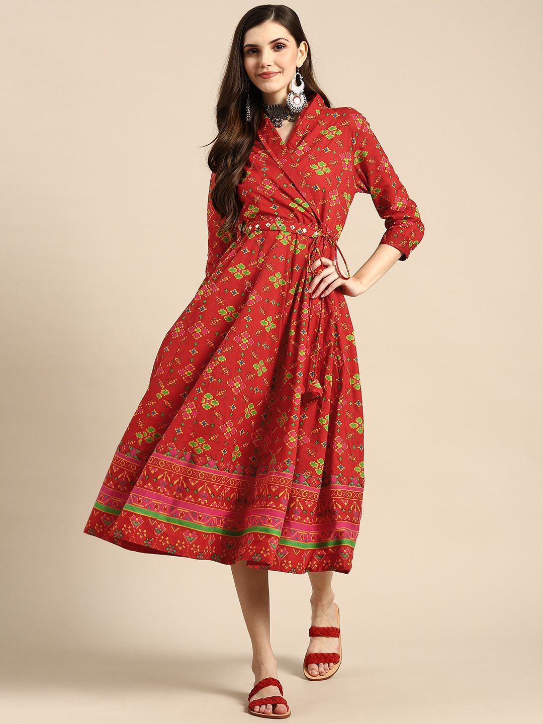 Sangria Women Red and Yellow Pure Cotton Ethnic Motifs Print Angrakha Ethnic Dress Price in India