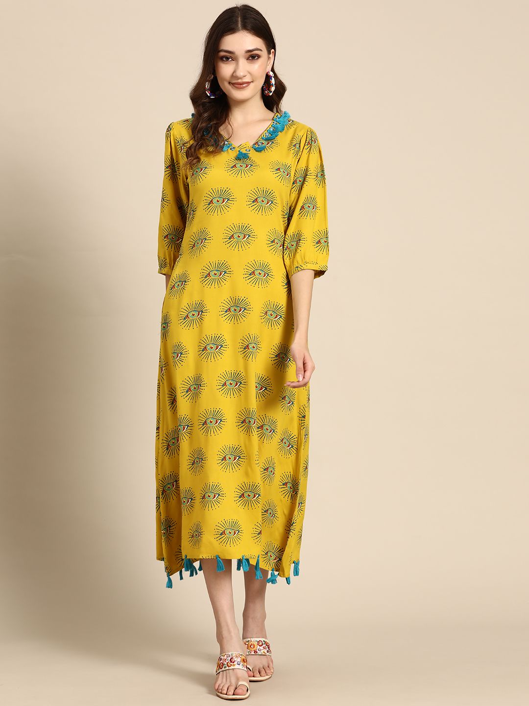 Sangria Mustard Yellow & Blue Ethnic Motifs Ethnic Straight Midi Dress Price in India