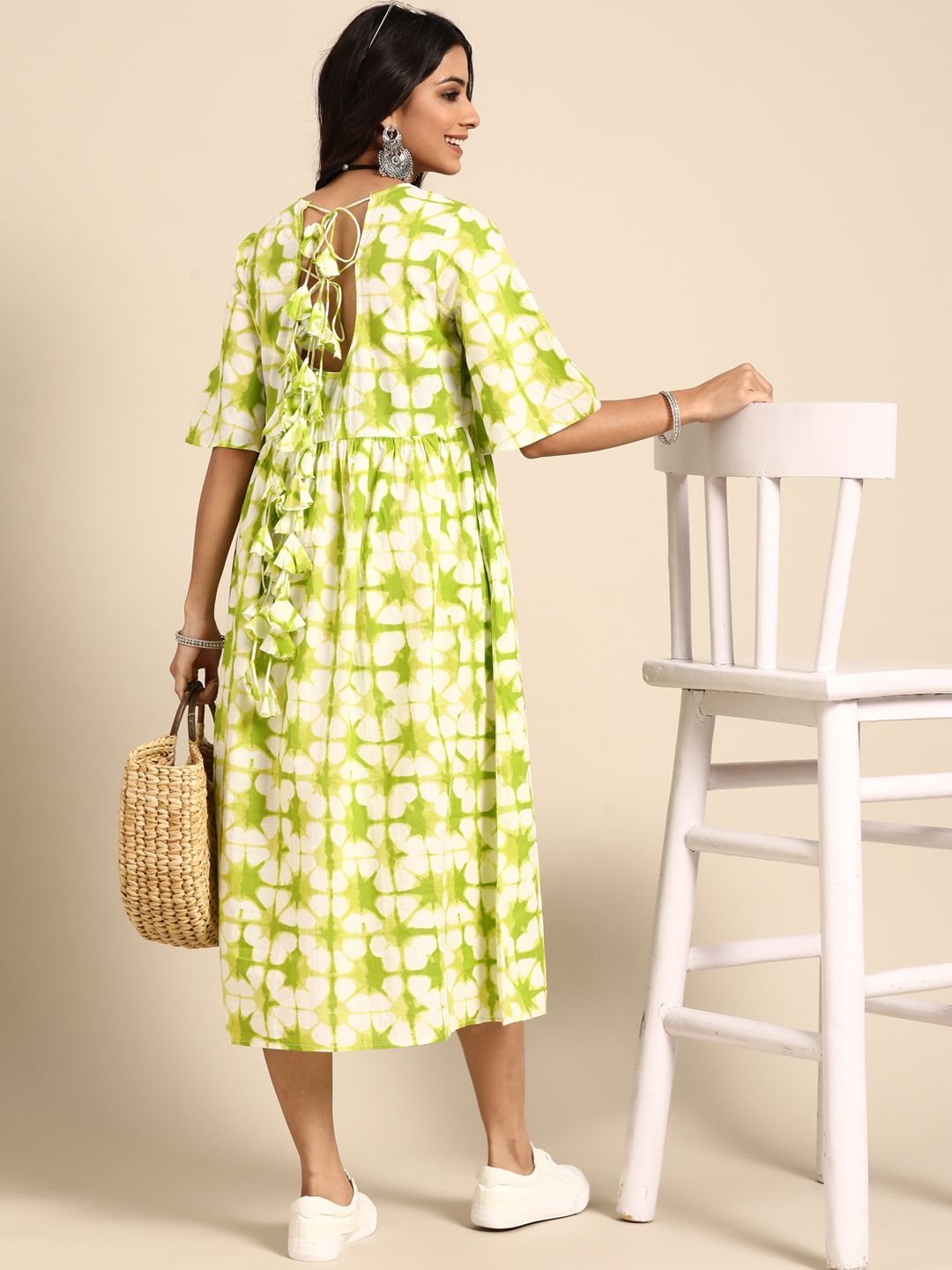 Sangria Women White and Green Pure Cotton Printed A-line Dress Price in India