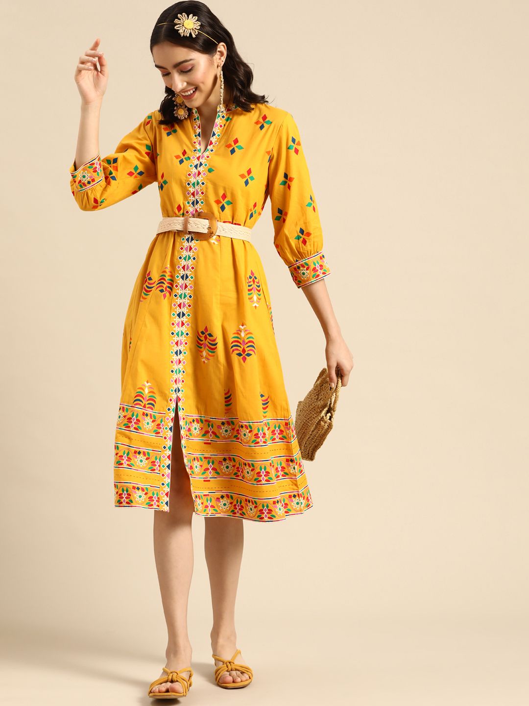 Sangria Women Yellow & Green Ethnic Motif Printed A-Line Dress Price in India