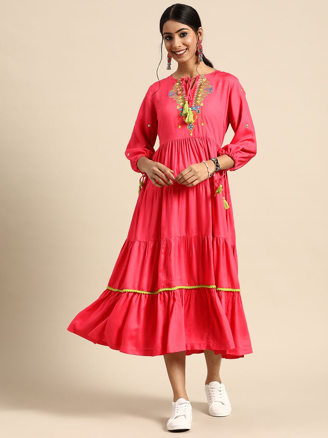 Sangria Women Coral Pink Solid Tiered A-Line Ethnic Dress Price in India