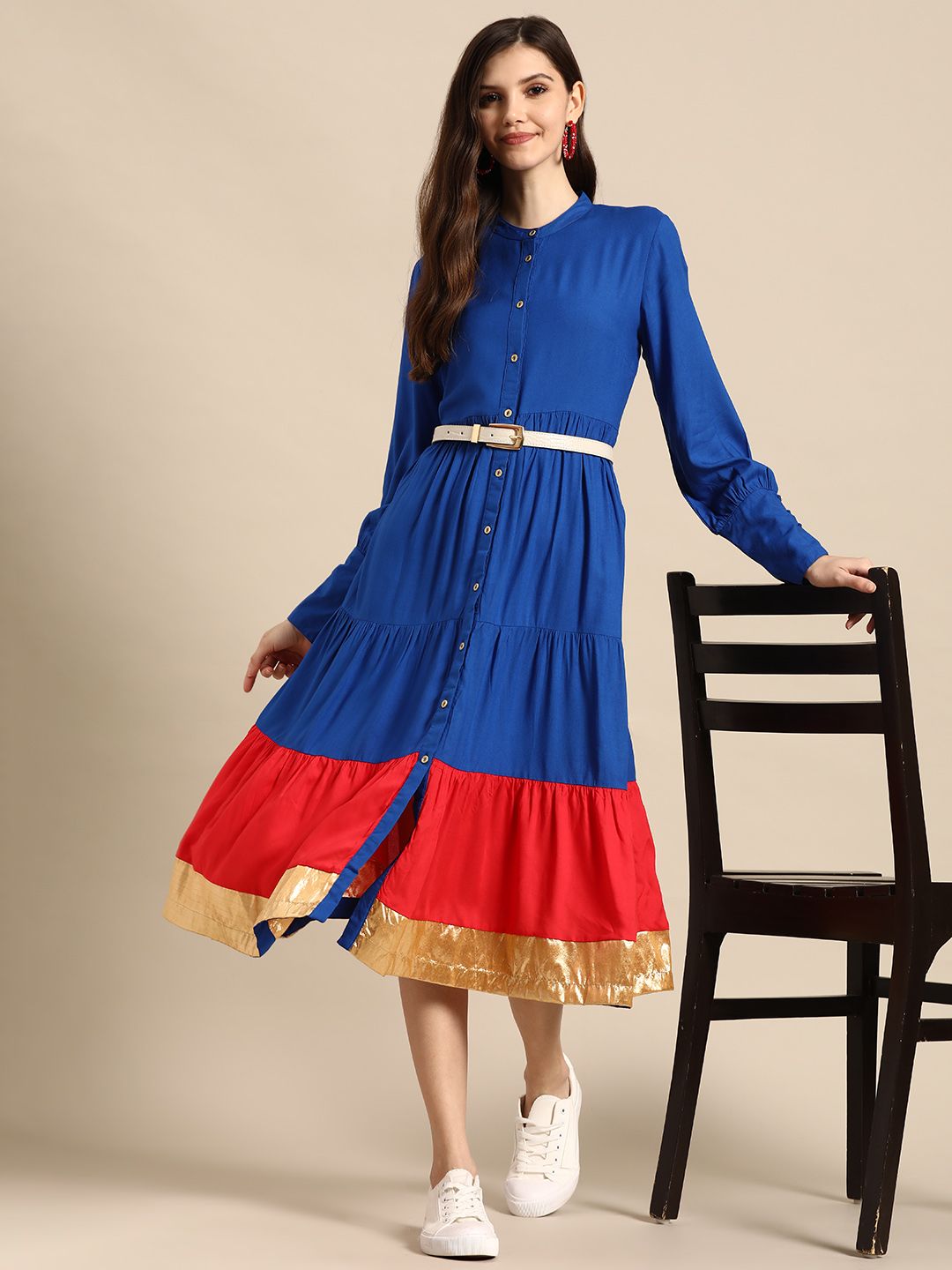 Sangria Women Colourblocked Embroidered Tiered A-line Midi Dress Price in India