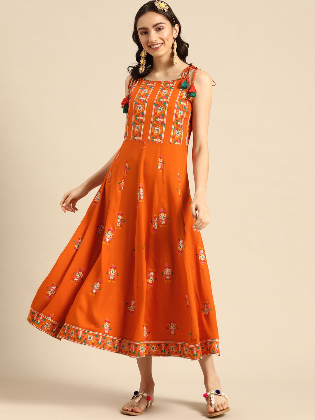 Sangria Women Orange & Green Ethnic Motif Printed A-Line Midi Dress Price in India