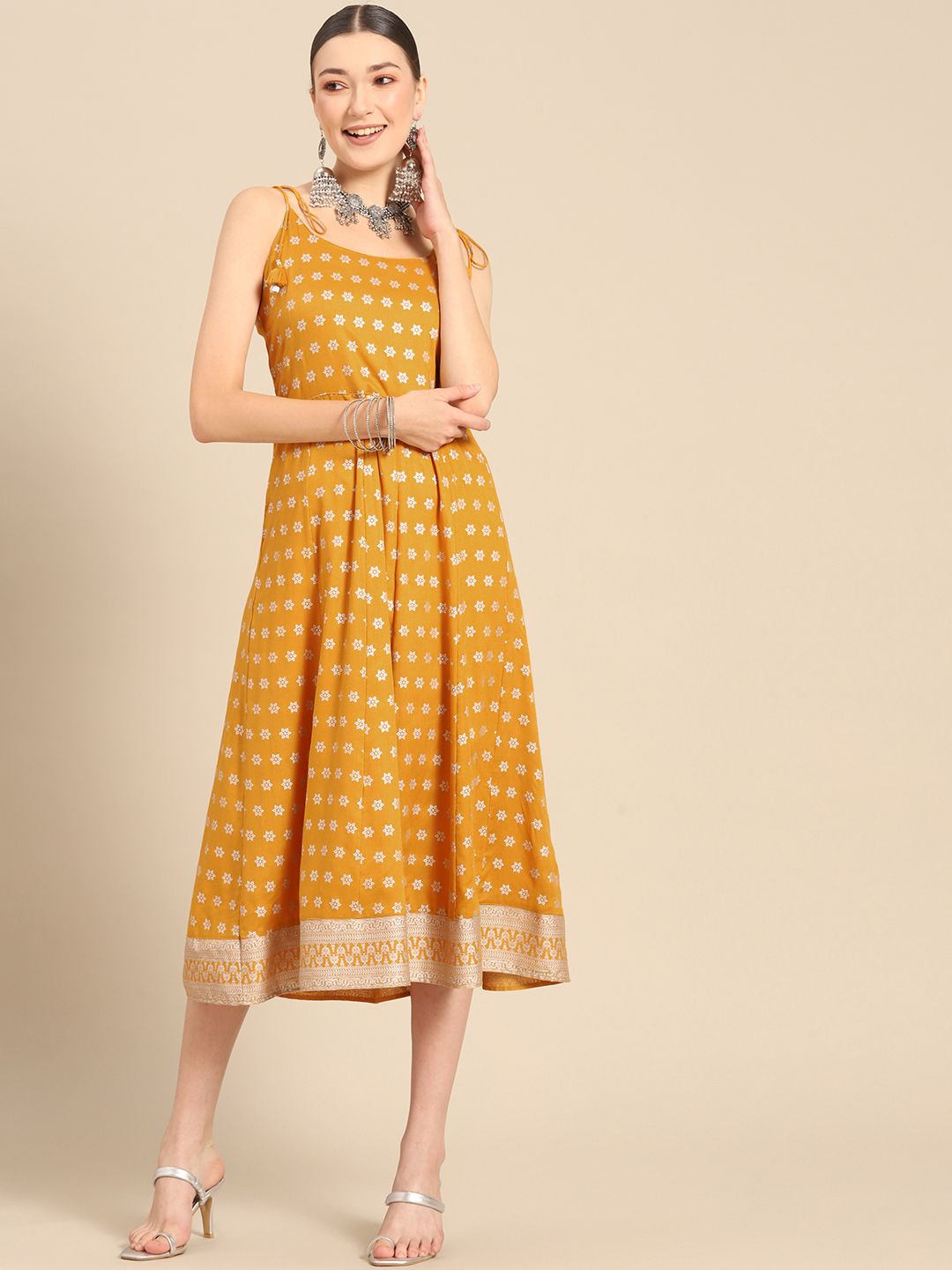 Sangria Women Mustard Yellow & Silver Ethnic Motifs Print Midi Dress Price in India