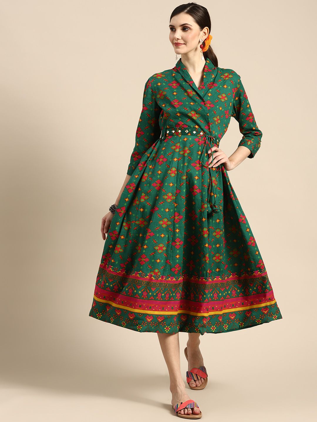 Sangria Women Green and Pink Pure Cotton Ethnic Motifs Print Angrakha Ethnic Dress Price in India