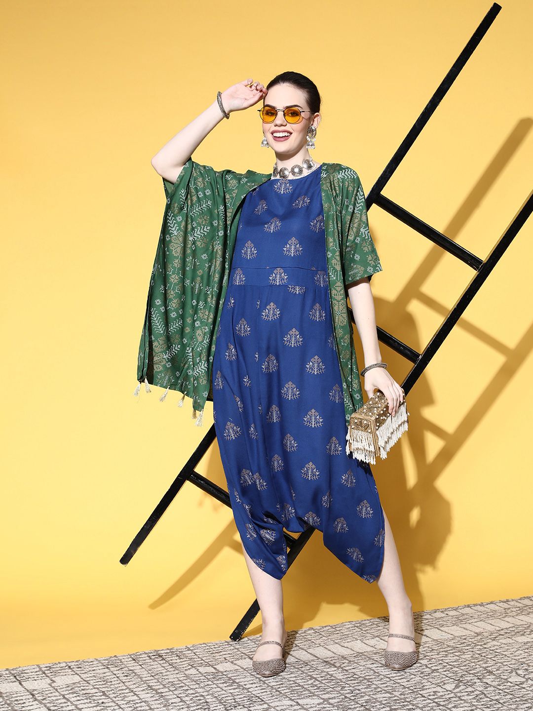 Sangria Teal Blue & Green Printed Cowl Jumpsuit with Shrug Price in India